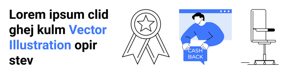 Reward badge, person holding cashback sign, white office chair, and sample text in blue and black colors. Ideal for marketing, business presentations, websites, promotional materials, educational