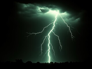 Dramatic night sky with bright lightning striking over dark silhouettes and clouds