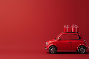 
modern, red car with two red wrapped gifts on top, set against a red solid background, with a reto aesthetic, creating a cute and dreamy Valentine’s Day scene.



