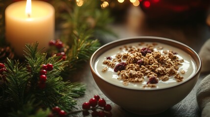 Ceramic bowl yogurt granola and nuts, plain table christmas tree ornament lights candle light cinnamon stick, cozy winter breakfast Christmas atmosphere	