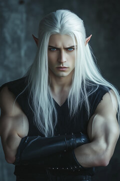 
photo of handsome brutal possessive man with long white hair and blue eyes, elf ears, wearing fantasy black outfit. He has a muscular body against a dark grey background . It is a charming character
