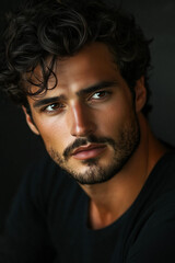 Obraz premium Romantic Italian man with curly hair and stubble, wearing black . He is posing for a profile photo. . The background is dark In a cinematic style.