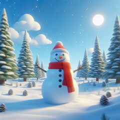 Fototapeta premium Snowman with a red scarf standing proudly in the middle of a snowy field, surrounded by pine trees and a bright blue sky with a few soft clouds