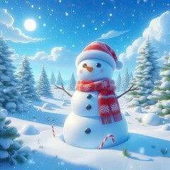 Obraz premium Snowman with a red scarf standing proudly in the middle of a snowy field, surrounded by pine trees and a bright blue sky with a few soft clouds