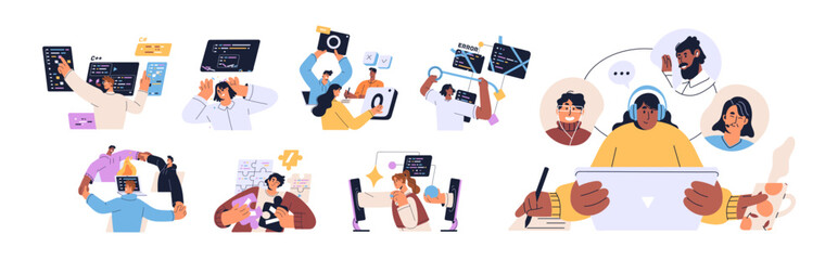 Programmers work on computer set. Coders programming, testing code, solve bugs. Team communicates at online meeting by video call. Web development concept. Flat isolated vector illustrations on white © Paper Trident