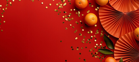Red paper fans and golden confetti, tangerin fruits, border frame , Chinese lunar New Year background, red color theme, minimalist style, simple design, solid color background 