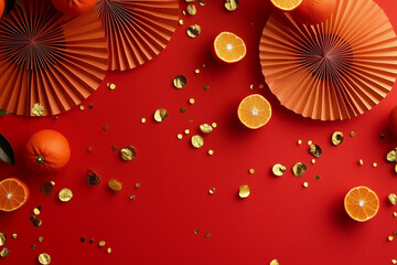 Red paper fans and golden confetti, tangerin fruits, border frame , Chinese lunar New Year background, red color theme, minimalist style, simple design, solid color background 
