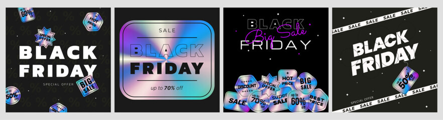 Black Friday promotion template in set for banner, feed, background and ads. Trendy contemporary sticker style. Vector