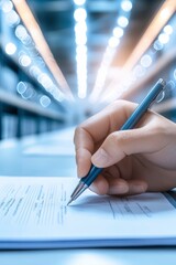 A person is writing on documents in an office, surrounded by shelves of books and digital screens. The focus should be sharp to capture the intricate details of the hand holding the pen.