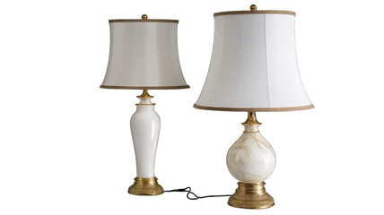 Pair of elegant table lamps with white shades and marble bases transparent background