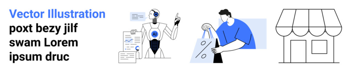 Blue and black AI robot analyzing data, man in blue holding shopping bag, simple storefront icon. Ideal for technology trends, e-commerce, artificial intelligence, retail shopping, business, consumer