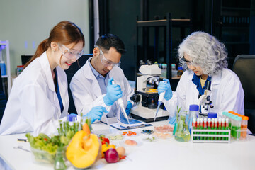 Dynamic scene of food scientists using microscopes and pipettes in a lab,