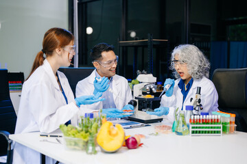 Dynamic scene of food scientists using microscopes and pipettes in a lab,