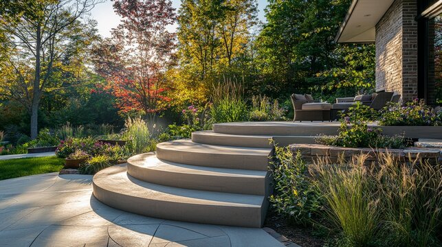 a patio with gracefully curved concrete steps