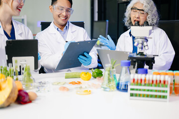 Dynamic scene of food scientists using microscopes and pipettes in a lab,