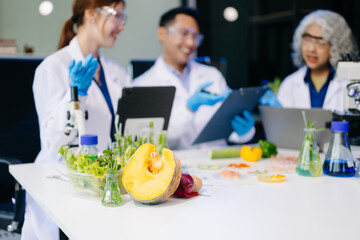 Dynamic scene of food scientists using microscopes and pipettes in a lab,
