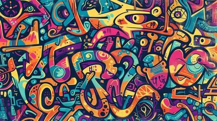 Abstract, colorful, and vibrant doodle pattern.