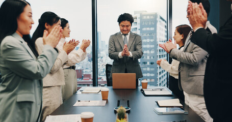 Celebration, boss and people in meeting, clapping and happy for achievement, boardroom and smile. Success, teamwork and applause for accomplishment, investor and joy for business and excited in Japan
