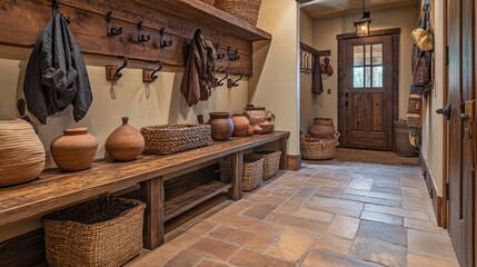 A rustic yet luxurious southwestern mudroom with richly stained wooden benches and hooks for outerwear. The flooring is a beautiful Saltillo tile