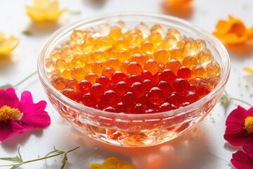 Glass bowl filled with orange and red molecular spheres, surrounded by colorful edible flowers on a bright surface, creating a fresh presentation