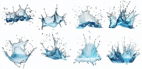 Eight isolated water splashes on a white background.