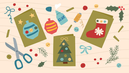 Handmade Christmas greeting cards. Sustainable Christmas concept banner. Eco friendly Christmas gift. 