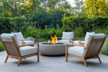 Fototapeta premium an outdoor patio with a round concrete fire bowl
