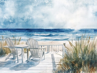 A large white wooden deck with beach chairs overlooking the ocean, painted in soft pastel colours. 