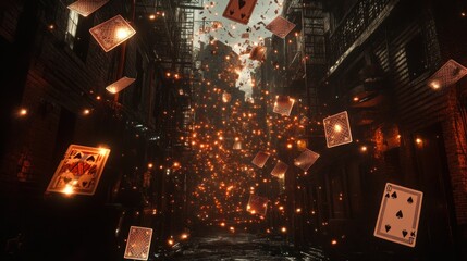 Glowing playing cards fall in a dark, urban alleyway.