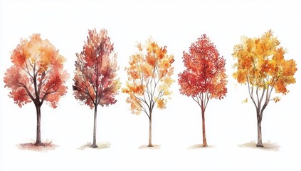 Fototapeta premium Five watercolor illustrations of autumn trees with varying shades of red and yellow leaves on a white background.