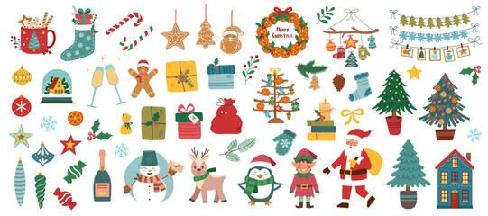 Naklejka premium Set of Christmas objects isolated on white background. Christmas elements collection. Vector clipart. 