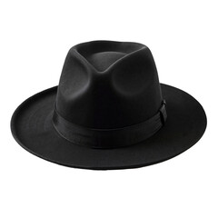 A classic black fedora hat made of felt, with a black band. It's isolated on a transparent background.