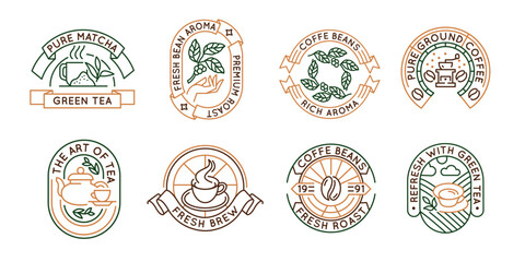 Tea and coffee logos, labels, icons. A set of 8 coffee and tea logotypes. Coffee Beans, Matcha, Green Tea, Mug. For branding tea shops, coffee houses, and beverage products. Vector illustration