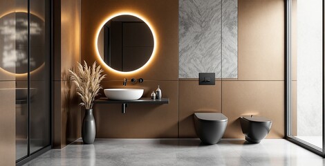 Modern Minimalist Bathroom Design with Round Mirror and Elegant Fixtures