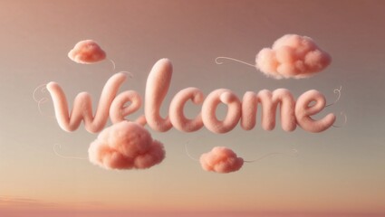 Obraz premium Playful Fluffy Cloud Floating Lightly with Welcome Message on a Soft Peach and Orange Gradient Sky