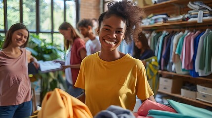 Obraz premium A cheerful young woman in a clothing store, surrounded by friends, engaging in shopping.