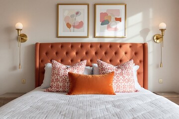 Elegant Modern Bedroom with Tufted Headboard and Art Decor