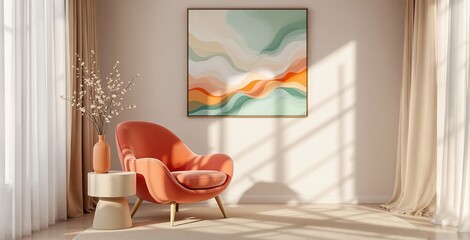 Modern Living Room Interior with an Orange Accent Chair and Abstract Wall Art