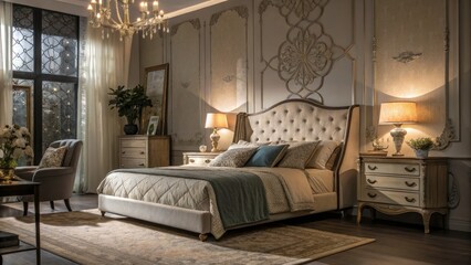 Elegant Classic Bedroom Interior Design Silhouette Photography - Timeless Decor, Cozy Atmosphere, Stylish Furniture, Soft Lighting, Luxurious Textiles, Vintage Accents, Serene Color Palette