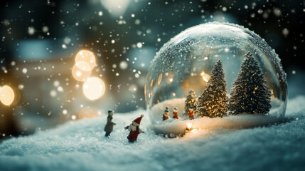 Fototapeta premium Miniature figures celebrate Christmas in a snow globe, a magical winter scene.