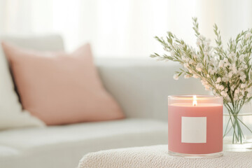 Mock up for candle label on bright living room backgrounds. ai generated