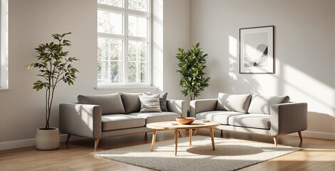 Modern Living Room Interior with Gray Sofas, Coffee Table, and Indoor Plants