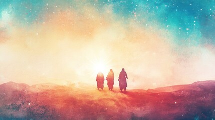 A serene watercolor of the Three Wise Men traveling through digital