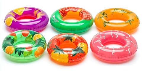 Naklejka premium Six colorful inflatable rings with fruit designs isolated on white background.