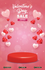 valentine sale discount portait template banner with blank space 3d podium for social media post product sale with abstract gradient red background design37