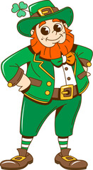 Cartoon retro groovy leprechaun character for Saint Patrick Day, vector funny personage. Irish holiday St Patrick day groovy leprechaun with shamrock clover in hat in retro cartoon of Ireland festival