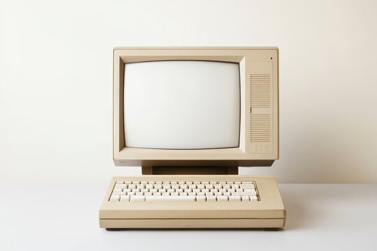 Beige vintage desktop computer with blank screen on a white surface.