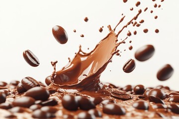Close-up of a chocolate splash with coffee beans.