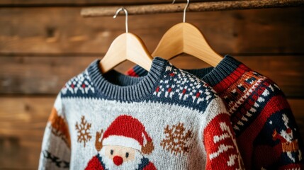 Close-up of festive Christmas sweaters with quirky designs, digital