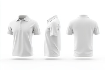 White polo shirt mockup with front, side, and back views isolated on white background.